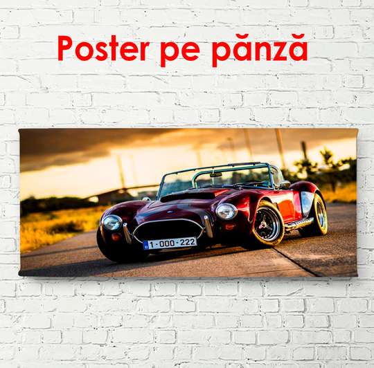 Постер - Красный автомобиль на дороге на закате, 90 x 45 см, Постер в раме