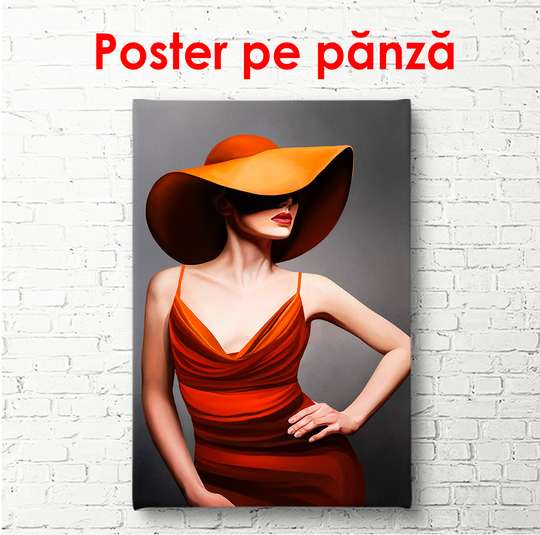 Poster - Doamnă în pălărie roșie, 30 x 60 см, Panza pe cadru, Glamour