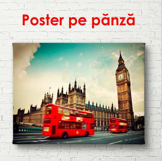 Постер - Красный автобус на фоне Биг Бена, 90 x 60 см, Постер в раме, Города и Карты