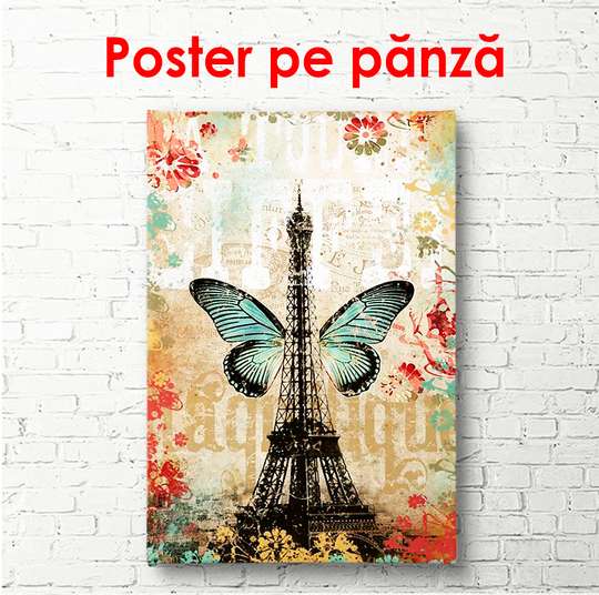 Poster - Eiffel Tower with a blue butterfly against a gray wall, 60 x 90 см, Framed poster