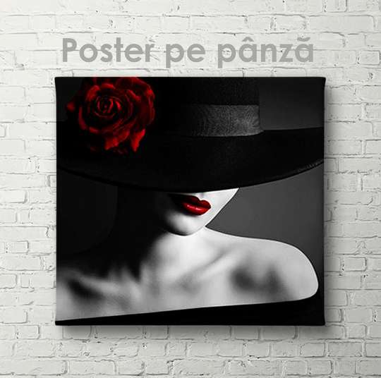 Poster - Pălărie cu trandafir roșu, 40 x 40 см, Panza pe cadru