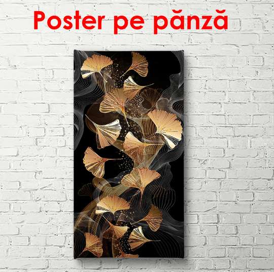 Poster - Compoziție cu frunze aurii pe un fundal negru, 50 x 150 см, Poster înrămat