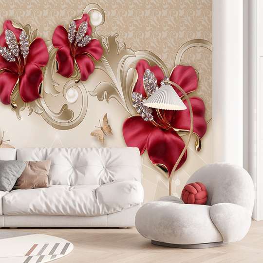 Wall mural - Red flowers on a beige background