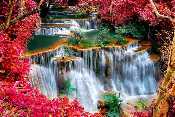 Фотообои - Красивый вид на красный парк с водопадом