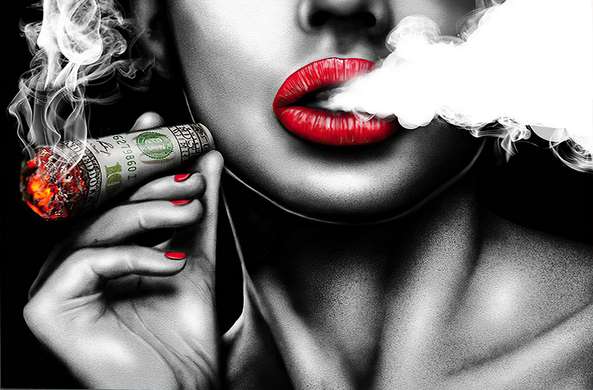 Постер - Девушка с сигарой, 45 x 30 см, Холст на подрамнике, Черно Белые