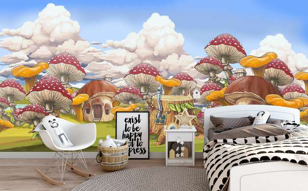 Murals for the nursery - Mushrooms and houses in a fairy tale world
