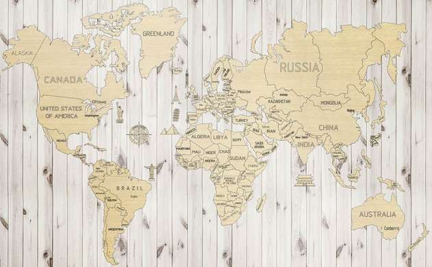 Poster - Harta lumii pe un fundal din lemn, 90 x 60 см, Poster inramat pe sticla, Orașe și Hărți