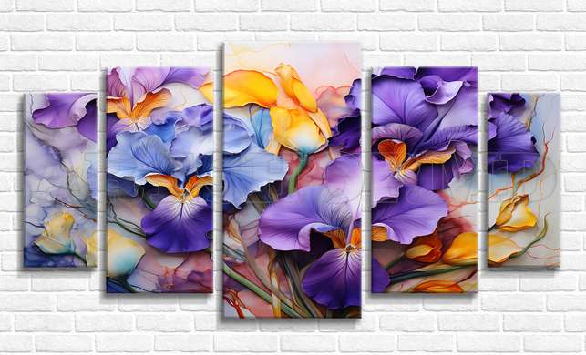 Modular picture, Purple and yellow irises, 206 x 115