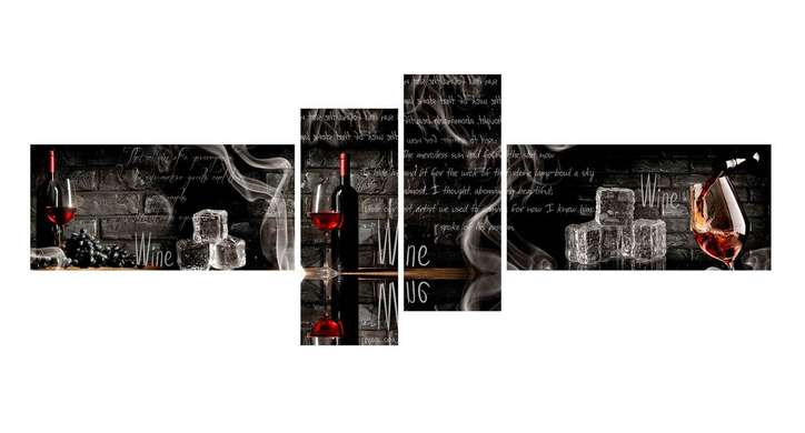 Modular picture, Bottle of wine with glasses on a black background, 220 x 81,5