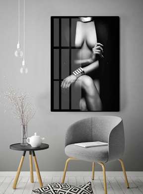 Poster - The female figure is gently covered, 60 x 90 см, Framed poster on glass, Nude