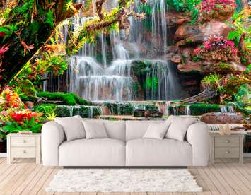 Wall Mural - Blooming park with a waterfall