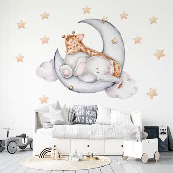 Wall decals, Teddy Elephant and Giraffe on Moon with stars, SET-M