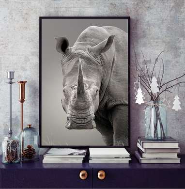 Poster - Serious Rhinoceros, 30 x 60 см, Canvas on frame, Black & White