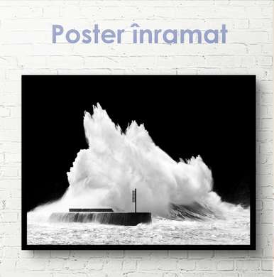 Poster - Valul mare lovește stânca, 45 x 30 см, Panza pe cadru, Alb Negru