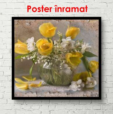 Poster - Vaza cu flori albe și galbene, 100 x 100 см, Poster inramat pe sticla