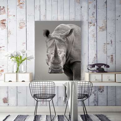 Постер - Серьезный носорог, 30 x 60 см, Холст на подрамнике, Черно Белые