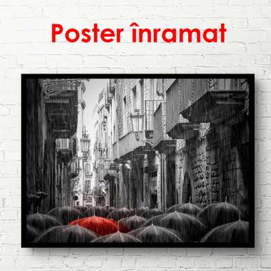 Poster - Red umbrella in black and white city, 90 x 60 см, Framed poster, Black & White