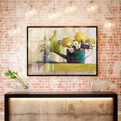 Poster - Yellow flowers in a vase on the table, 90 x 60 см, Framed poster, Provence
