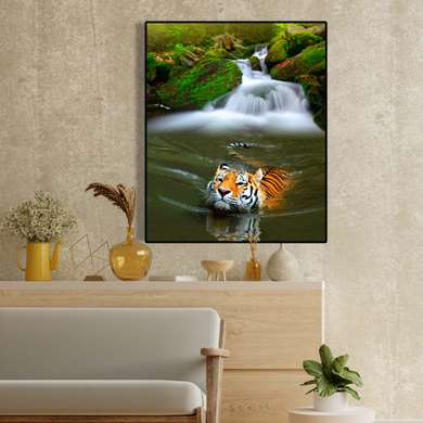 Poster, Tigru în apă, 30 x 45 см, Panza pe cadru