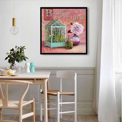 Постер - Голубая клетка с розовым цветком на розовом фоне, 100 x 100 см, Постер в раме, Прованс