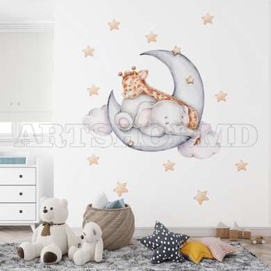 Autocolante de perete, Elefantul și Girafa pe Lună cu steluțe, SET-M