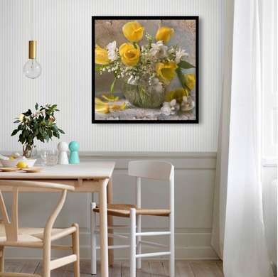 Poster - Vaza cu flori albe și galbene, 100 x 100 см, Poster înrămat