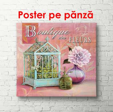 Poster - Colivie albastră cu o floare roz pe un fundal roz, 100 x 100 см, Poster înrămat, Provence