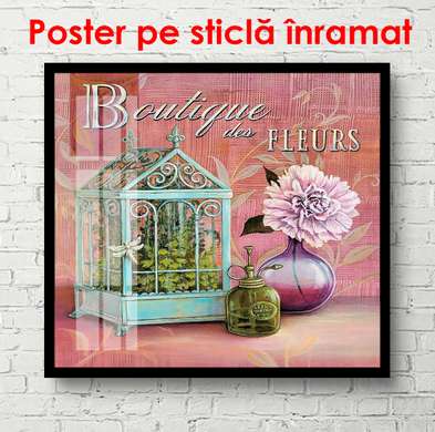 Постер - Голубая клетка с розовым цветком на розовом фоне, 100 x 100 см, Постер в раме, Прованс