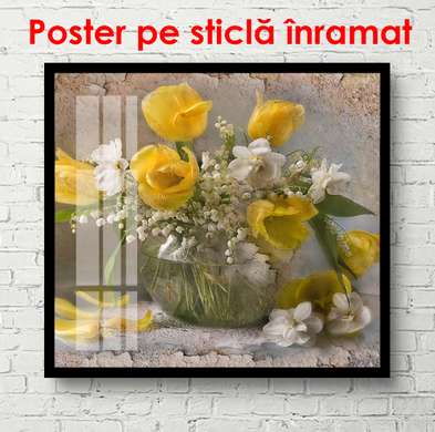 Poster - Vaza cu flori albe și galbene, 100 x 100 см, Poster înrămat