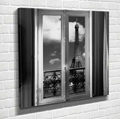 Постер - Черное белое окно в интерьере, 100 x 100 см, Постер на Стекле в раме