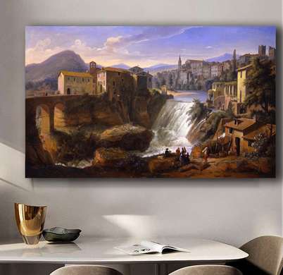 Poster - Waterfall in the town, 90 x 45 см, Framed poster on glass