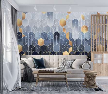 Wall mural - Blue hexagons with gold