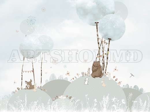 Nursery Wall Mural - Bear, bunnies and deer in pale blue shades