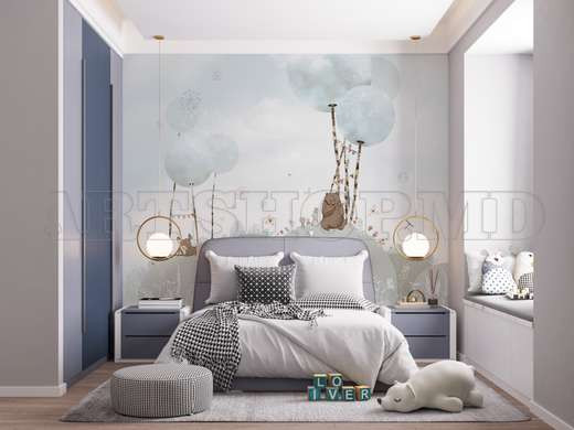 Nursery Wall Mural - Bear, bunnies and deer in pale blue shades