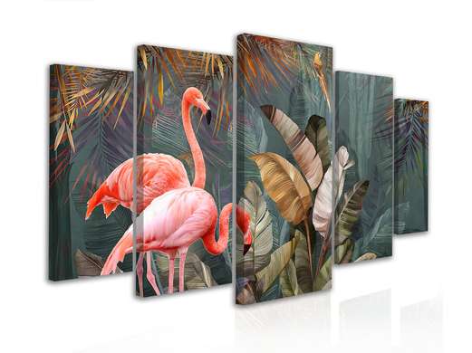 Tablou Pe Panza Multicanvas, Flamingo în fundalul junglei, 206 x 115