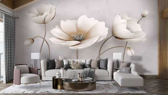 3D Photo Wallpaper- Beige flowers on gray background