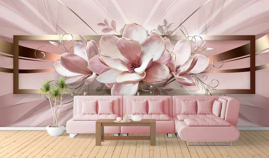 3D Wallpaper - Pink flowers on a pale pink background