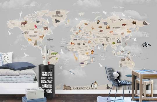 Nursery Wall Mural - World map with animals and fish