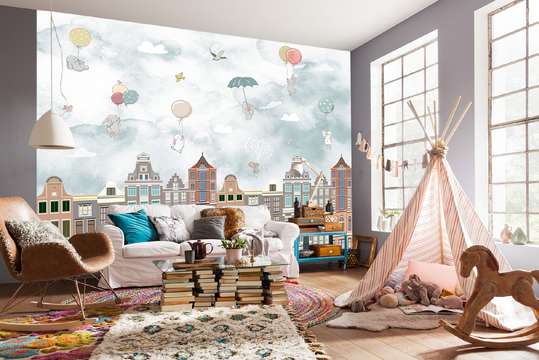 Nursery Wall Mural - Colorful houses and bunnies on balloons