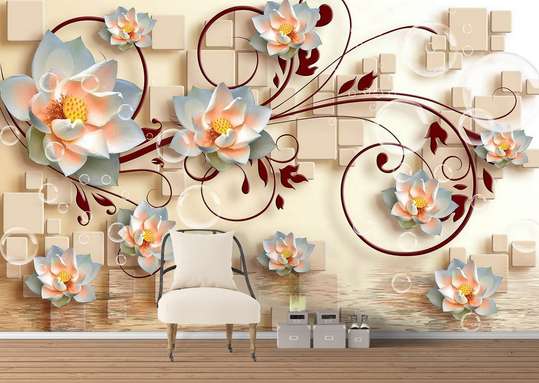 3Д Фотообои - Белые цветы лотоса с бордовыми орнаментами на трехмерном фоне
