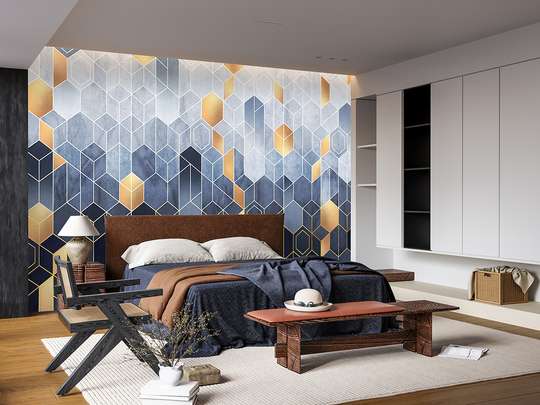 Wall mural - Blue hexagons with gold
