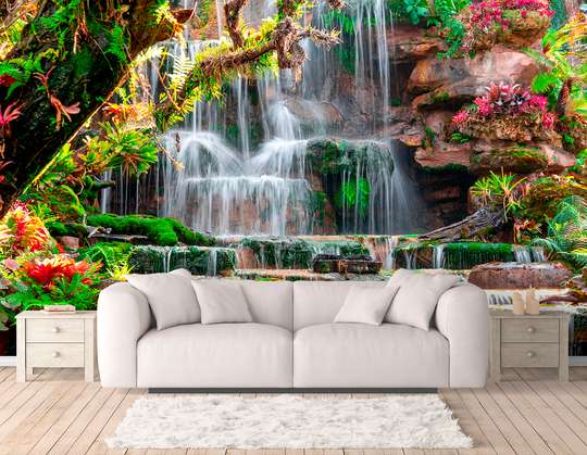 Wall Mural - Blooming park with a waterfall