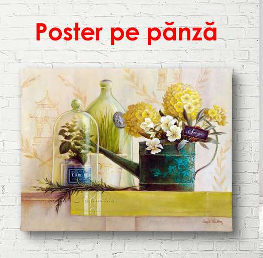 Poster - Yellow flowers in a vase on the table, 90 x 60 см, Framed poster