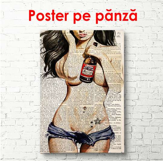 Постер - Девушка с бутылкой крепкого напитка, 30 x 45 см, Холст на подрамнике, Ню