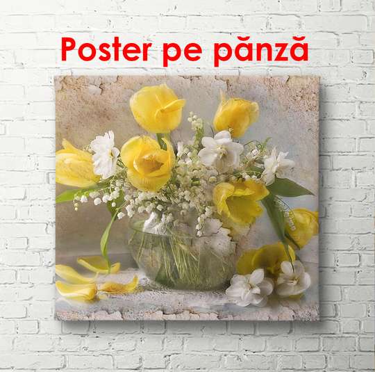 Poster, Vaza cu flori albe și galbene, 100 x 100 см, Poster înrămată