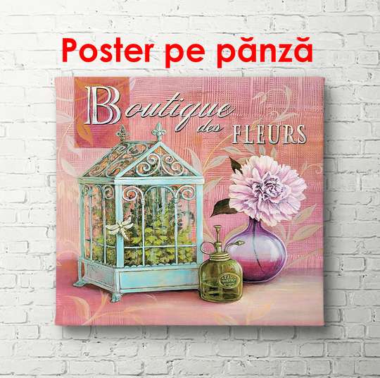 Постер - Голубая клетка с розовым цветком на розовом фоне, 100 x 100 см, Постер в раме