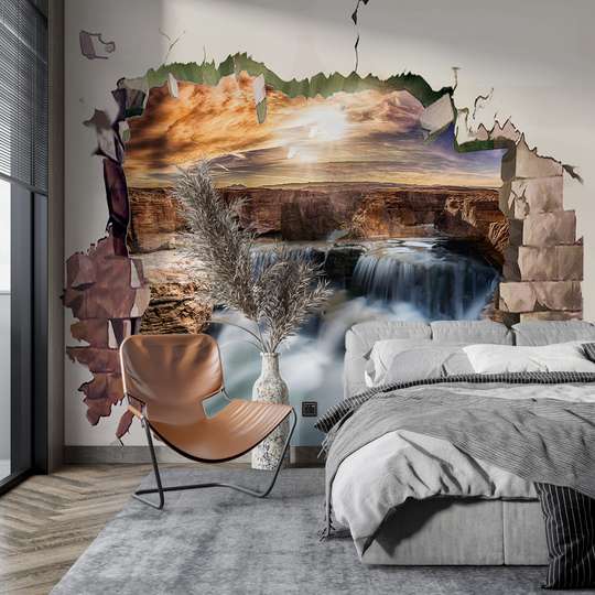 3Д Фотообои - Разбитая стена с видом на водопад на закате