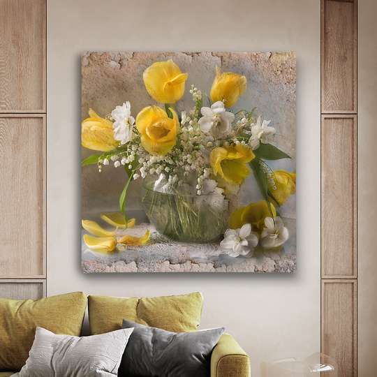 Poster - Vaza cu flori albe și galbene, 100 x 100 см, Poster înrămat, Natură Moartă