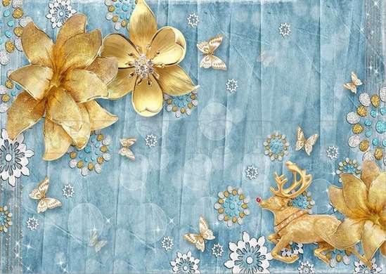 Wall Mural - Deer and golden flowers on a blue background