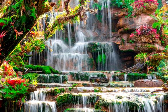 Фотообои - Цветущий парк с водопадом